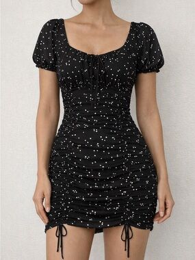 Y2K 90s Black Polka Dot Babydoll Ruched Short Sleeve Mini Bodycon Dress Women S